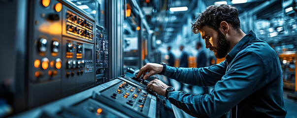 Engineer working in control room with advanced technology, adjusting dials and monitoring systems in an industrial environment.