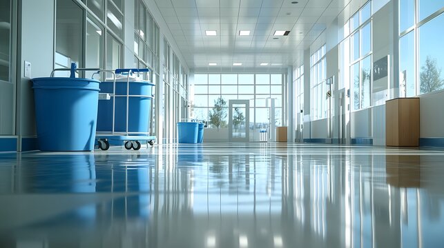 Cleaning cart, blue buckets, mop, cleaning supplies, reflective floor, modern office building, glass windows, empty hallway, institutional interior, janitorial equipment.