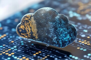 Weathered cloud icon on a circuit board representing the resilience and adaptability of cloud computing technology in modern digital infrastructures