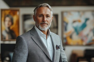 Fototapeta premium Confident middle-aged man in a stylish suit, posing in an art-filled room exuding professionalism and charisma.
