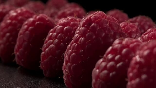Close-up of rows of ripe raspberries. Fresh and juicy