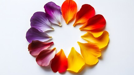 Colorful flower petals, mandala arrangement, vibrant colors, red yellow purple, circular pattern, flat lay photography, pure white background, artistic floral design.