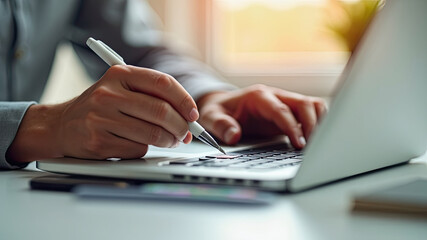 Fototapeta premium Close-up of a Person's Hands Typing on a Laptop Keyboard and Holding a Pen, with Sunlight Coming in Through a Window Behind Them