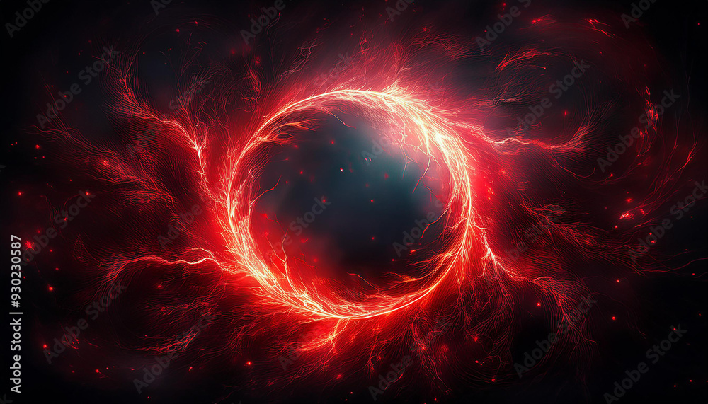 Wall mural abstract red lightning circle on dark backdrop. mysterious shape.