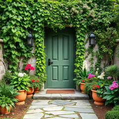 Fototapeta premium Charming Ivy-Covered Entrance with Green Door and Potted Plants