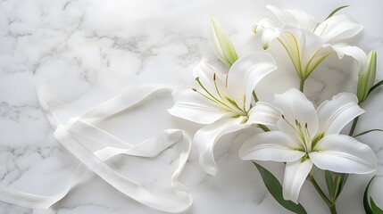 Obraz premium Elegant white lilies on white marble countertop, pure white petals, green stems, delicate silk ribbon, soft natural light, minimalist floral arrangement, wedding concept.