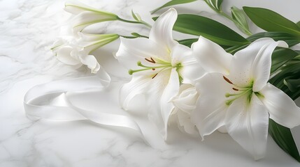 Fototapeta premium Elegant white lilies on white marble countertop, pure white petals, green stems, delicate silk ribbon, soft natural light, minimalist floral arrangement, wedding concept.