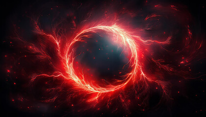 Abstract red lightning circle on dark backdrop. Mysterious shape.