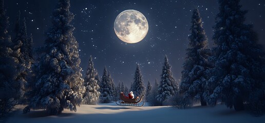 Fototapeta premium Santa Claus Soaring Through a Snowy Forest Under a Full Moon, Christmas Eve Magic