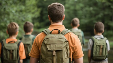 A group of children with backpacks exploring nature, symbolizing adventure, friendship, and outdoor activity.