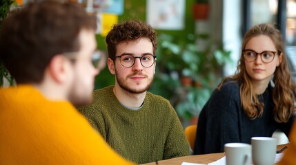 A group of young adults engaged in conversation at a modern cafe, showcasing their connection and creative collaboration.