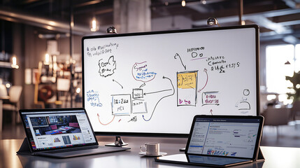 Modern office with whiteboard displaying creative ideas, two laptops on desk, collaborative workspace, business concept.