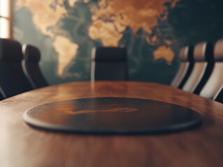 Obraz premium Empty conference room with a world map on the wall symbolizing global business and corporate strategy