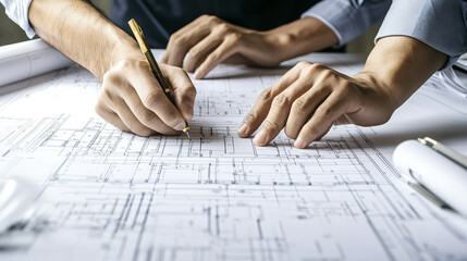 Two engineers collaborating on a technical drawing, planning details and making adjustments on architectural blueprints.