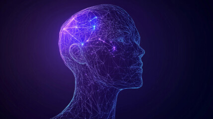An artificial intelligence in humanoid head vector in wireframe low poly style. AI with Digital Brain, big data, analysis information. Face of cyber mind. Modern technology background concept