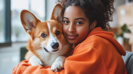 Serene Scene - African American Woman with Corgi Dog in Modern Vet Clinic