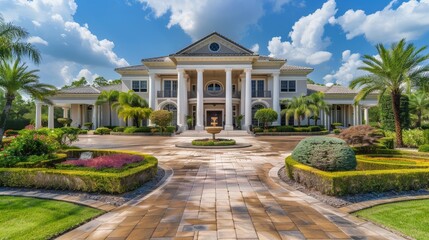 Obraz premium Generate a photo of a luxurious mansion exterior featuring grand columns, a circular driveway, and meticulously manicured gardens, highlighting opulence and sophistication.