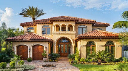 Fototapeta premium Generate a photo of a Mediterranean villa exterior with terracotta roofs, arched doorways, and vibrant landscaping, highlighting warm and inviting aesthetics.