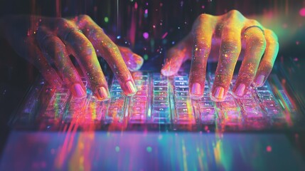 Close-up of hands typing on a glowing keyboard, with a colorful digital background.