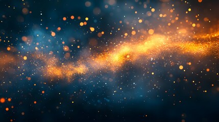 Glowing sparks and embers against deep blue background, intense golden light trail, flying sparks, fiery particles, abstract energy flow, copy space for text, panoramic view.