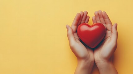 Hands holding red heart, cupped palms, care concept, love symbol, pale yellow background, copy space for text, soft lighting, high resolution, emotional gesture, health and charity theme.