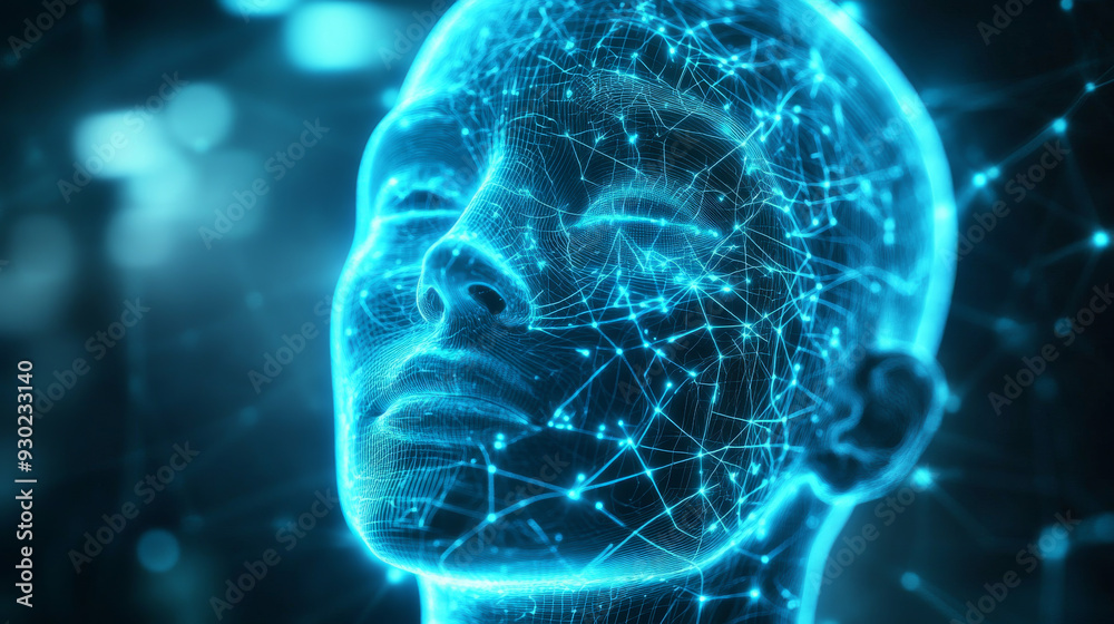 Poster artificial intelligence in a humanoid head with a neural network, processing and analyzing big data.