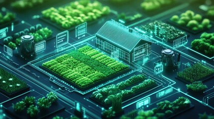 Digital illustration of a farm-to-table process, with smart devices tracking food from detailed farms to digitalized kitchens