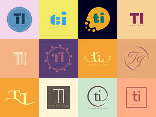 TI logo company template. Letter t and i logotype. Set different classic serif lettering and modern bold text with design elements. Initial font typography.