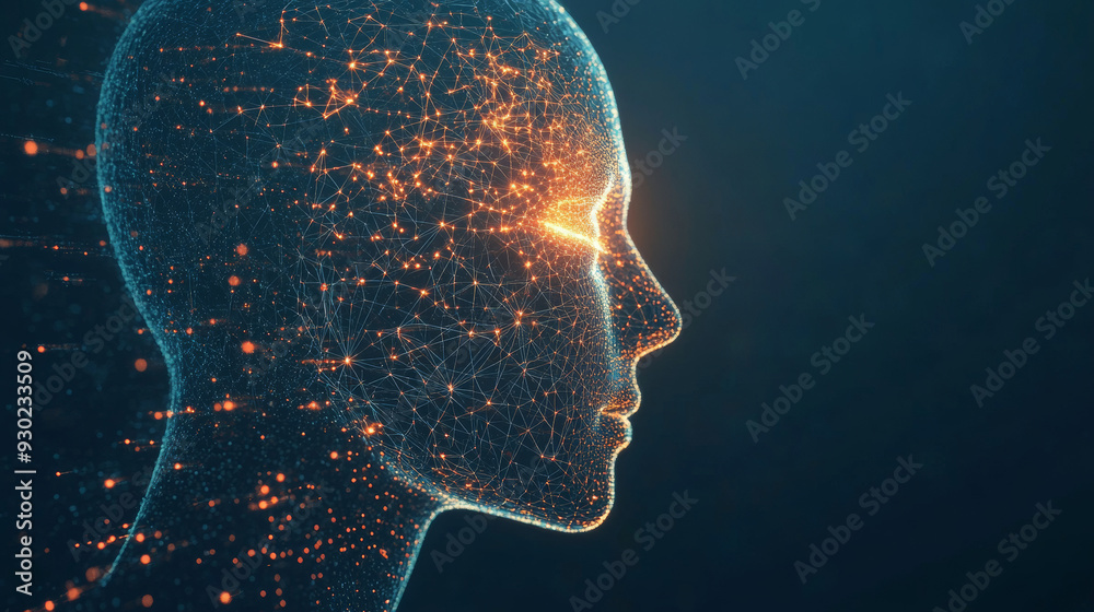 Poster artificial intelligence in a humanoid head with a neural network, processing and analyzing big data.