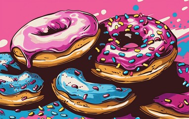 Beautiful tasty donuts background, pop art illustration