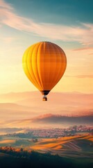 Fototapeta premium A travel vlogger capturing a sunrise from a hot air balloon, floating above a landscape of rolling hills and scattered villages, symbolizing the freedom and wonder of travel