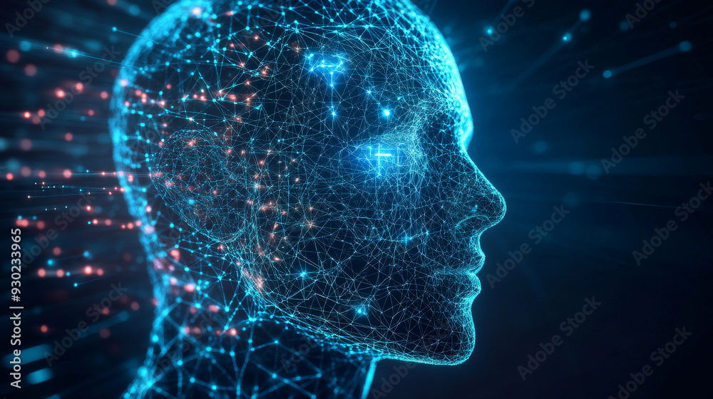 Poster artificial intelligence in a humanoid head with a neural network, processing and analyzing big data.