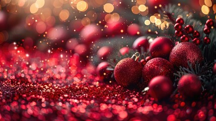 Glittering Red Christmas Ornaments with Festive Bokeh Background Lights
