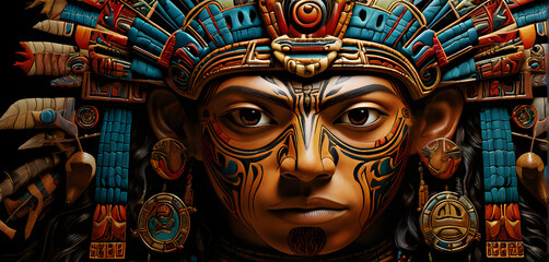 Fototapeta premium An Aztec codex featuring vibrant Mesoamerican glyphs and illustrations of historical events and deities