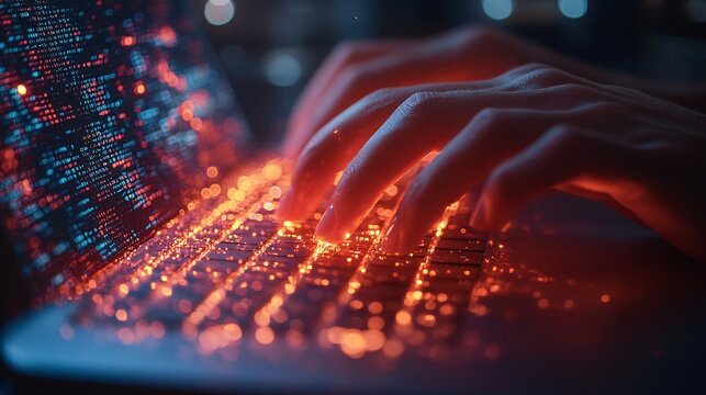 Portrait hand of software engineer working on laptop with circuit board.