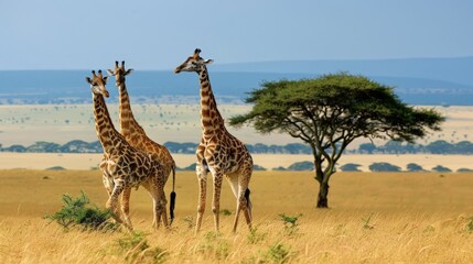 Obraz premium Giraffes tower over savannas, with long necks adapted for reaching leaves high in trees.
