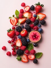 Obraz premium A vibrant assortment of fresh berries and fruit tart arranged artistically on a pale background