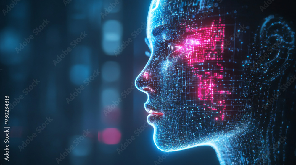 Poster artificial intelligence in a humanoid head with a neural network, processing and analyzing big data.