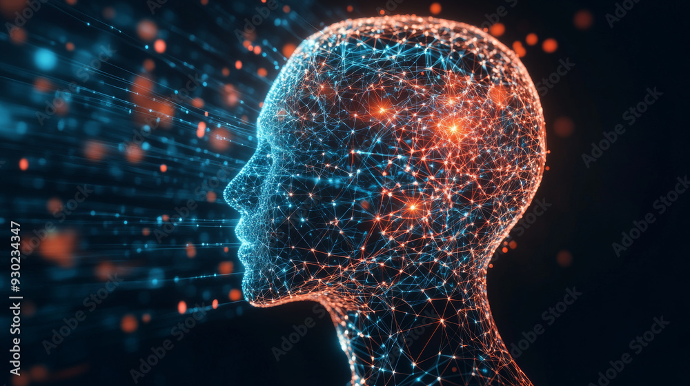 Poster artificial intelligence in a humanoid head with a neural network, processing and analyzing big data.