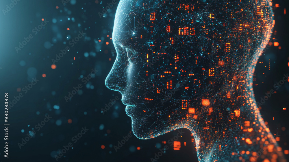 Poster artificial intelligence in a humanoid head with a neural network, processing and analyzing big data.