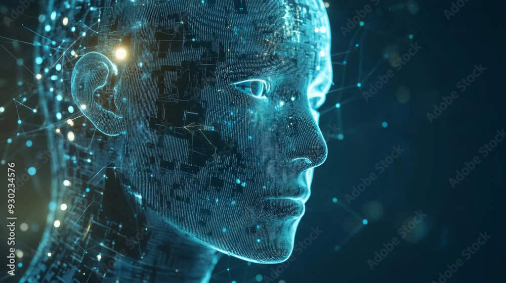 Poster artificial intelligence in a humanoid head with a neural network, processing and analyzing big data.