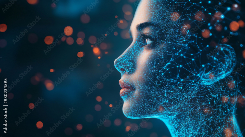 Poster artificial intelligence in a humanoid head with a neural network, processing and analyzing big data.