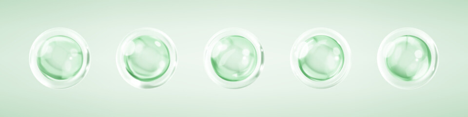 Collagen serum bubbles. Cosmetic essence. Concept skincare cosmetics solution. Vector realistic illustration