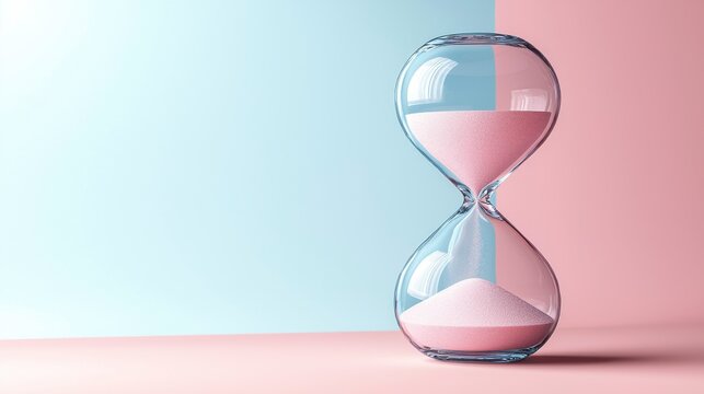 A glass hourglass with pink sand sits on a pink surface against a blue and pink background.