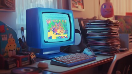 A vintage 2000s setup with a blue iMac, cluttered desk, Tamagotchi, and pixelated game screen.