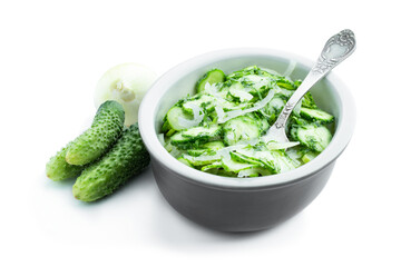 Cucumber salad with onion isolated on white