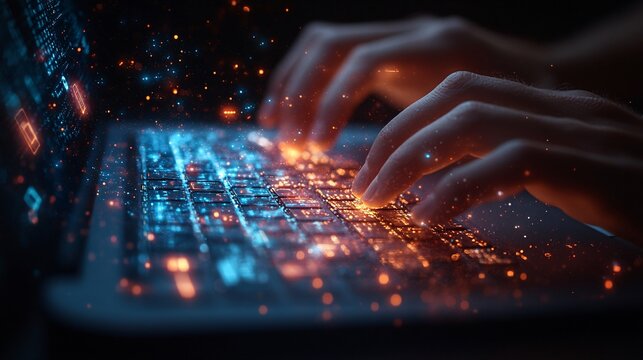 Portrait hand of software engineer working on laptop with circuit board.