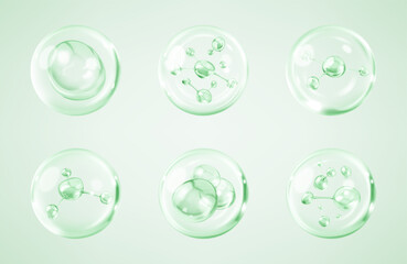 Molecules inside bubbles on green background. Collagen serum bubble. Cosmetic essence. Concept skin care cosmetics solution. Vector 3d illustration