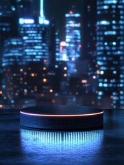 3D rendering of a podium product displayed at night, with city lights in the background creating a dynamic ambiance, and focused light on the product. copy space , ai