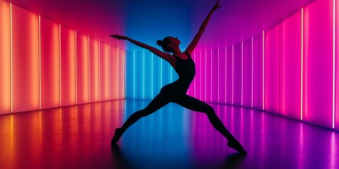 A woman is dancing in a studio with colorful walls. The room is lit with neon lights, creating a vibrant and energetic atmosphere. The woman is wearing a black outfit and she is in a graceful pose
